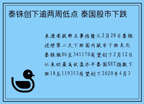 泰铢创下逾两周低点 泰国股市下跌
