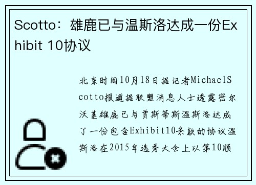 Scotto：雄鹿已与温斯洛达成一份Exhibit 10协议