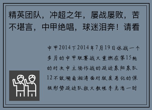 精英团队，冲超之年，屡战屡败，苦不堪言，中甲绝唱，球迷泪奔！请看延边职业足球风云录（连载27）