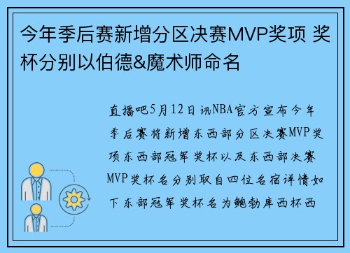 今年季后赛新增分区决赛MVP奖项 奖杯分别以伯德&魔术师命名